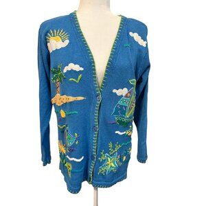 QUACKER FACTORY Whimsical Seashore Cardigan Sweater Blue Embroidered Small Flaw